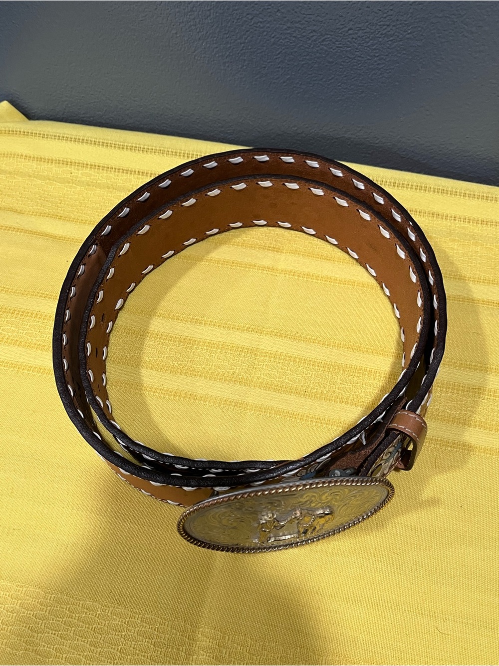 Vintage 1980s NOCONA Kona Kut Leather Western Belt Size 44 & Trophy Belt Buckle - Picture 9 of 12